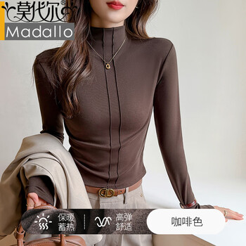 Modal half turtleneck bottoming shirt for women in autumn and winter plus velvet and brushed to look slim and good-looking turtleneck t-shirt gray inner and outer top, brown s 80-95 pounds