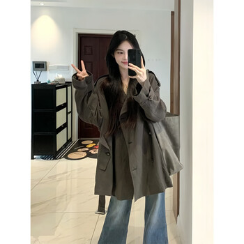 Jingdomeng short korean style windbreaker jacket for women 2025 new autumn and winter style, great looking, loose and thin top for small people, gray green (comes with belt), one size fits all (95-125 pounds)