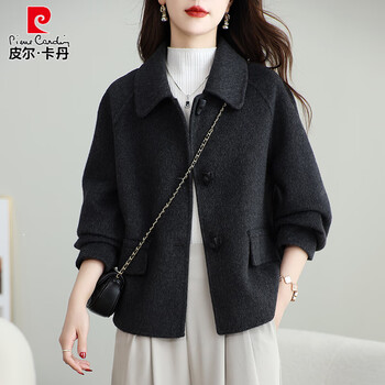 Pierre cardin 2025 spring and autumn new double-sided velvet coat women's short korean style small horn button loose wool wool jacket carbon gray 3xl 115-130 jin