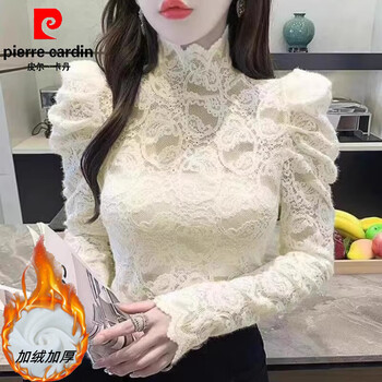 Pierre cardin brushed half-turtle collar lace white lace shirt for women in autumn and winter with velvet and thickened warm top and bottoming shirt, apricot, velvet and thick, m