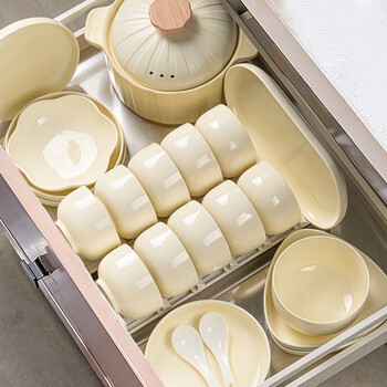 Guanpu cream-style dish set for home jingdezhen dishes and chopsticks simple bowls complete set of high-end housewarming tableware gift yubai yuanmeng 6 people food soup bowl configuration microwave dishwasher 32-piece set