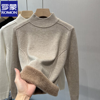Romon european design velvet half-turtleneck sweater for women in autumn and winter, thickened and warm, western-style one-piece velvet bottoming shirt, oatmeal color s