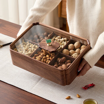 Brown black walnut solid wood dried fruit box nut storage tray new wood 2026 new high-value home living room coffee table begonia-6 compartments dried fruit box fas grade black walnut-tempered glass