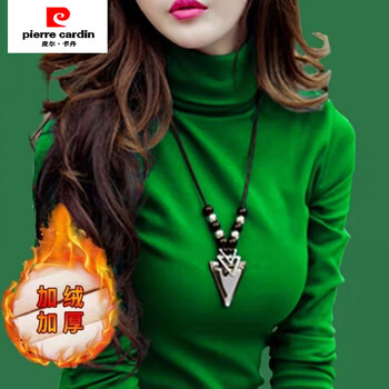 Pierre cardin turtleneck bottoming shirt for women in autumn and winter, long-sleeved t-shirt, stylish slim pullover, velvet and thickened top, green xl, recommended 95-105 catties