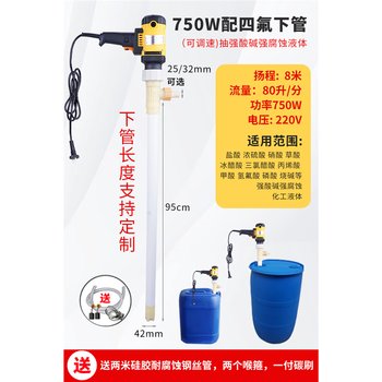 Stainless steel chemical pump, acid and alkali pump, ptfe material, anti-corrosion pump, portable electric oil pump, 750w with ptfe lower pipe, can pump strong acid and alkali liquids, mainly based on power classification