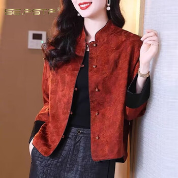 Xia dian suding queen (se.pstp) chinese style modified fragrant cloud yarn short coat 2025 spring and autumn new national style retro stand collar jacquard mother's wear top orange red xl 120-145 catties