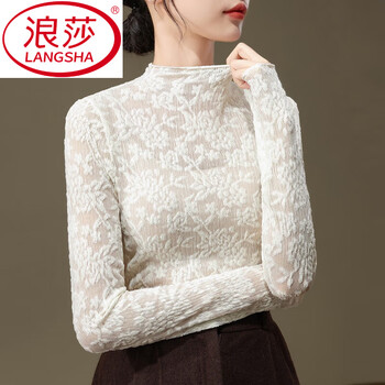 Langsha half turtleneck lace bottoming shirt for women 2025 autumn and winter high-end long-sleeved women's mesh top, apricot s, recommended 80-100 pounds