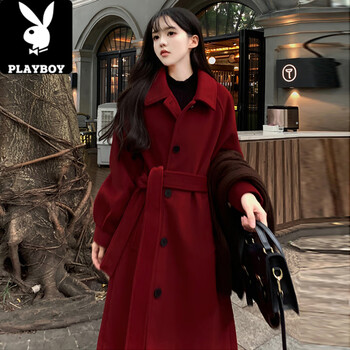 Playboy (playboy) burgundy retro woolen coat for women autumn and winter large size fat 200 pounds new year wedding thickened woolen coat burgundy m suitable for 100-110 pounds