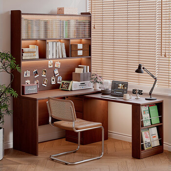 Gujia home desk bookcase bookshelf integrated corner desk wall study desk writing desk study corner office computer desk family luxury model walnut color brand selection - free door-to-door delivery + installation included
