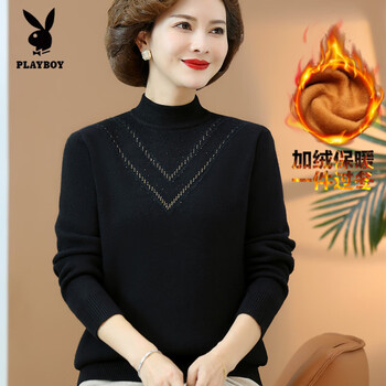Playboy (playboy) middle-aged and elderly women's winter clothing plus velvet thickened sweater for mother autumn and winter mink velvet bottoming shirt all-in-one velvet warm tops black 888 plus velvet thickened s recommended 80-90 pounds
