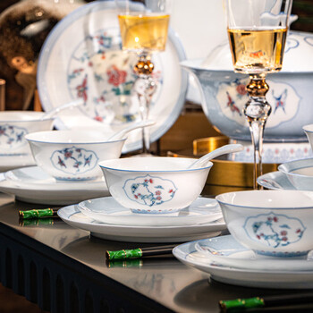 Hanming underglaze color high white porcelain authentic jingdezhen dish set household housewarming tableware set high-end gift standard 6 people丨48 pieces + customized brocade box