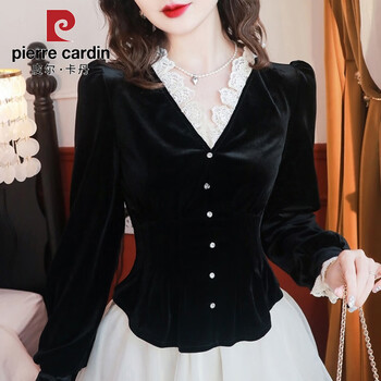 Pierre cardin hepburn style lace splicing gold velvet shirt autumn slim fit french retro petal sleeve v-neck long-sleeved top for women black s 80-95 pounds