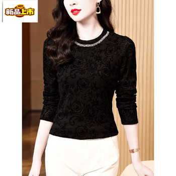 Chujing autumn new round neck flocked mesh t-shirt bottoming shirt for women with slim fit long-sleeved top sexy shirt black l
