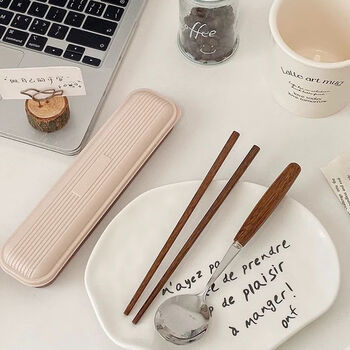Qinkai portable set chopsticks spoon fork office worker chopsticks single tableware student storage box tableware three-piece set portable tableware ins caramel color affordable three-piece set wooden chopsticks + round spoon + storage box