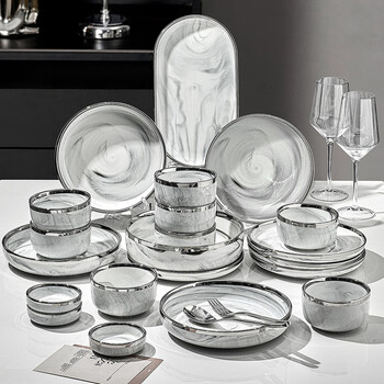 Treejack marbled ceramic bowl and plate set underglaze color housewarming gift rice bowl soup plate chopsticks spoon 60 pieces