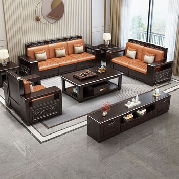 Ever oak solid wood sofa living room complete set of furniture classical purple sandalwood winter and summer dual-use combination large and small apartment simple and modern six-seater + double chaise couch + tea cabinet + coffee table