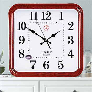 Shanghai silent clock living room wall clock large size home clock electronic wall clock large quartz clock wall clock 28*29 cm i-shaped square wood grain 12 inches