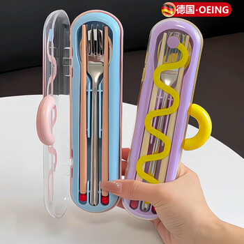Oeing german student portable tableware set alloy non-slip chopsticks stainless steel spoon three-piece set food-grade fork collection spoon, chopsticks and fork three-piece set pink mist blue