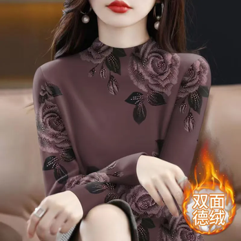 Lin hanni de velvet warm bottoming shirt women's t-shirt women's 2025 autumn and winter new mother's clothes loose large size slim pullover top 116 brown l recommended 85-100 jin