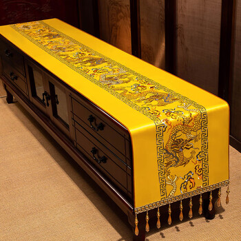 Yiboqiantang new chinese zen coffee table tablecloth chinese style tv cabinet decorative cover cloth rectangular dining table sideboard dustproof cloth nine heavens feilong emperor yellow high precision/waterproof cabinet cloth 40*200cm (applicable table length 1.5-1.6m)