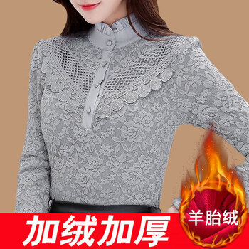 Hengyuanxiang white velvet bottoming shirt for women in autumn and winter large size long-sleeved style inner stand-up collar shirt thickened mother's lace top brand gray velvet 8096 style thickened m suitable for 95-105 pounds