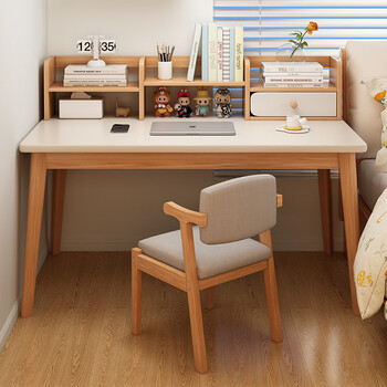 Liku desk bookshelf integrated table student writing desk solid wood legs adult desktop computer desk bedroom study table recommended solid wood square legs warm white 120*60cm self-installation