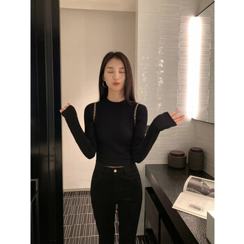 Pusumede white half turtleneck bottoming shirt women's slim slim long-sleeved t-shirt versatile sweater short top black m