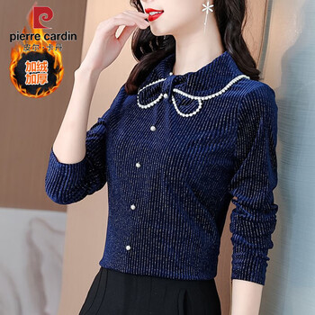 Pierre cardin gold velvet age-reducing chic top for women spring, autumn and winter velvet thickened bottoming shirt fashionable western style shirt blue warm velvet thickened xs