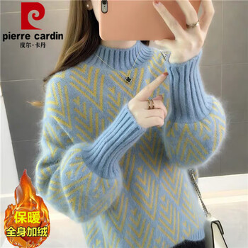 Pierre cardin winter mink d-velvet sweater short loose half turtleneck diamond check thickened bottoming shirt blue plus velvet s recommended under 95 pounds