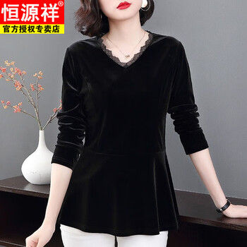 Hengyuanxiang gold velvet top for women spring and autumn 2025 new style v-neck long-sleeved t-shirt large size fat mm loose slimming bottoming shirt black 5xl recommended 180-200 pounds