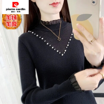 Pierre cardin half turtleneck knitted velvet bottoming shirt for women new autumn and winter slim fit western style beaded long-sleeved top with trendy black velvet thickened s 95 pounds and below