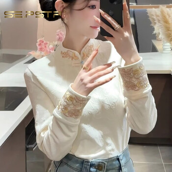 Xia dian suding queen (se.pstp) new chinese style national style shirt 2025 autumn and winter stand-up collar plus velvet thickened long-sleeved warm top tiannei all-in-one velvet beige all-in-one velvet new chinese style original light luxury brand official flagship 4xl recommended 135-150 pounds