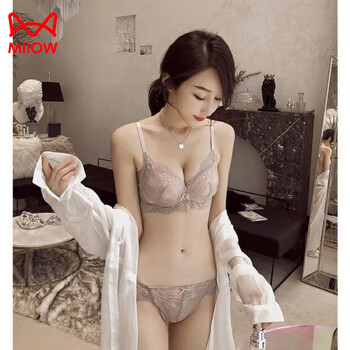 Miiow 2025 new sexy pure desire lace wireless underwear women's small breast gathering secondary breast anti-sagging bra set gray pink set 70a 32b universal cup small size recommended size up