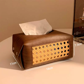 Yusenyi retro rattan tissue box, high-end light luxury and high-end sense, home living room, creative mid-century style desktop tissue box, bedroom, dark wood grain tissue box