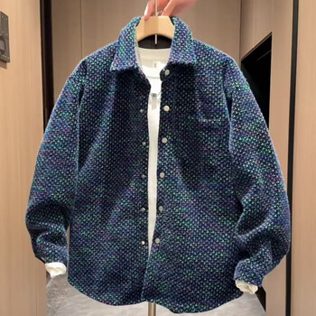 Kuraishi kazuki small fragrant lapel woven plaid jacket men's autumn and winter korean style loose casual tuxedo shirt jacket trendy men blue l 130-150 catties