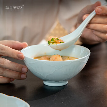 Blue printed oriental jingdezhen bowl and dish set household ceramic chinese carving housewarming tableware set dining bowl and plate diy combination national color and fragrance-yingqing 4.5-inch rice bowl