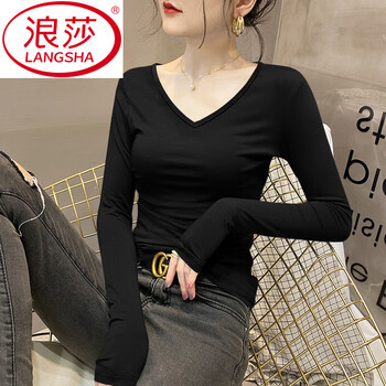 Langsha modal low-neck bottoming shirt for women with long-sleeved mask t-shirt v-neck slim stretch top spring and autumn 2025 black l recommended 109-121 catties