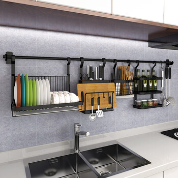 He jiagong kitchen rack wall-mounted wall-less stainless steel plate storage rack drainage knife rack pendant spice rack a package