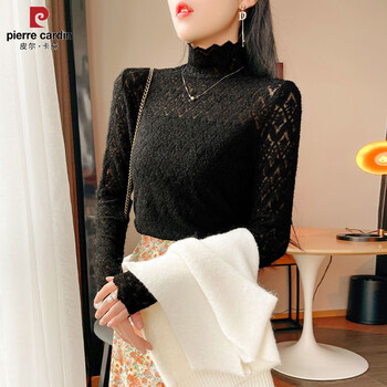 Pierre cardin plus velvet thickened brushed lace bottoming shirt for women autumn and winter style turtleneck sweater with hollow soft mesh top black regular s