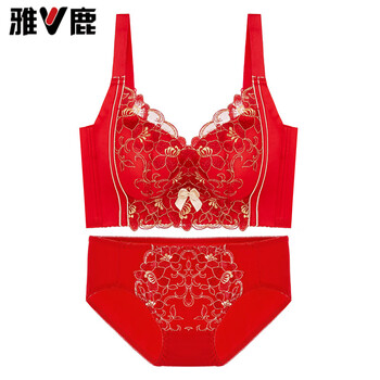 Yalu animal year bra set small breast push-up thick style auxiliary breasts without steel ring thick embroidery red bra set set red 90a 40