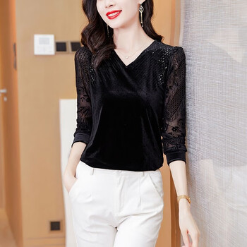 Pierre cardin spring and autumn lace bottoming shirt gold velvet top short spliced v-neck t-shirt fashionable middle-aged and elderly hot diamond tops black hot diamond gold velvet lace bottoming shirt xl recommended 90-105 pounds