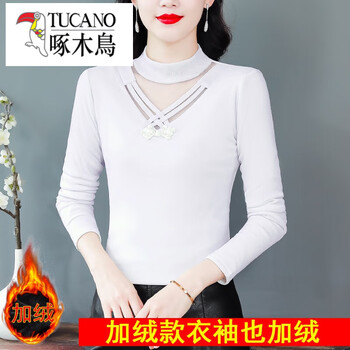 Woodpecker (tucano) half turtle collar velvet mesh white bottoming shirt for women 2025 new autumn and winter inner tops western style long sleeve t-shirt for women white velvet l