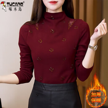 Woodpecker (tucano) thickened half turtleneck bottoming shirt for women 2025 autumn and winter new hot diamond fashion fashionable age-reducing style long-sleeved t-shirt top for women burgundy warm thickened m recommended 80-100 pounds