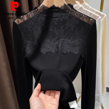 Pierre cardin half-high collar hollow lace splicing bottoming shirt for women 2025 spring and winter brushed velvet slim warm top black fabric l recommended 105 catties-115 catties