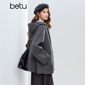 Betu women's 2025 winter new woolen coat age-reducing hooded high-end woolen coat for women 2510t14 gray m
