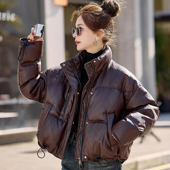 Mucha lily disposable pu leather down jacket for women winter 2025 new short style small fashion warm white duck down leather jacket coffee color s recommended around 95-118 catties