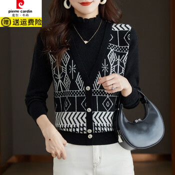 Pierre cardin fake two-piece half-turtleneck sweater for women in autumn and winter new style lace bottoming shirt outer wear sweater long-sleeved top black xl recommended 120-130 pounds