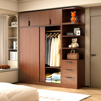 Yuanjiang solid wood wardrobe bedroom household storage cabinet sliding door wardrobe simple sliding door large wardrobe rental house storage cabinet length 200 width 55 wardrobe + top cabinet + side cabinet