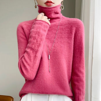 Ordos city-made seamless pure wool sweater women's pile collar sweater hollow jacquard raspberry color_ original 2xl