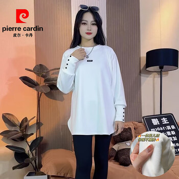 Pierre cardin half turtle collar velvet thickened bottoming shirt women's 2026 autumn and winter slit t-shirt new design loose and warm inside white round/collar winter velvet thickened style l 120-150 jin